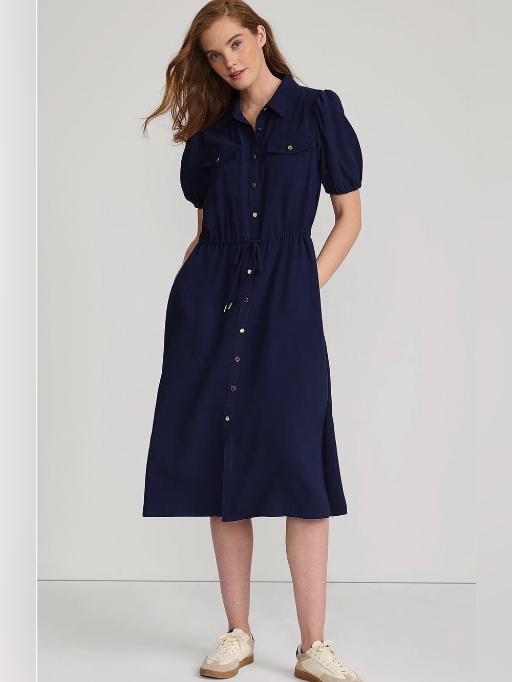 Lands’ End Twill button front Fluid Short Sleeve Navy Dress Sz XS/P 2-4